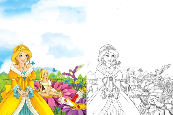 Cartoon fairy tale scene with a young lady princess standing in the meadow looking at little fairy sitting on some flower - with coloring page - illustration for children