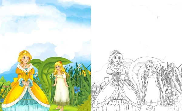 子供のための草原 エルフの王国 つの若い女の子王女と漫画シーン — ストック写真