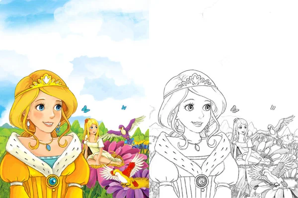 Cartoon fairy tale scene with a young lady princess standing in the meadow looking at little fairy sitting on some flower - illustration for children