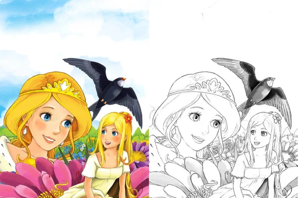 cartoon fairy tale scene with beautiful princess - elf girl looking at flying cuckoo bird - illustration for children
