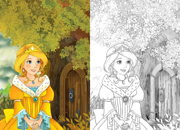 Dessin Animé Scène Conte Fées Avec Belle Princesse Debout Près — Photo