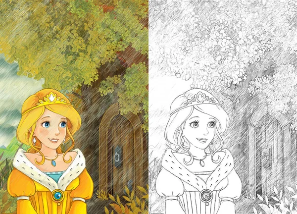 卡通童话场景与年轻女孩公主在雨 儿童插画去树上的房子 — 图库照片