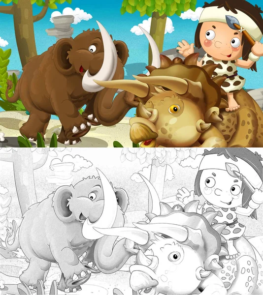 cartoon cavemen scene- stone age - hunting with mammoth - illustration for children
