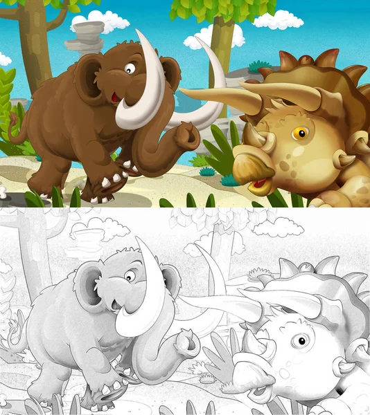 Cartoon Förhistoriska Glad Och Rolig Scen Med Leende Mammut Och — Stockfoto