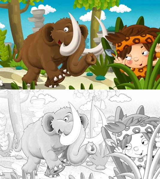 Cartoon Prehistoric Happy Funny Scene Tribe Man Hunting Smiling Mammoth — Stock Photo, Image