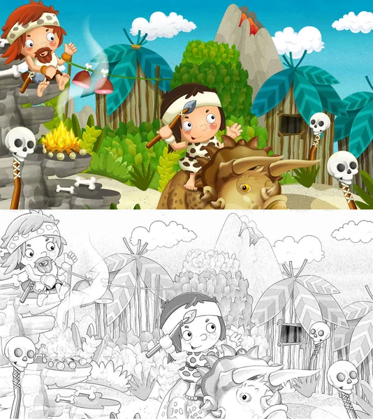 Cartoon Prehistoric Happy Funny Scene Caveman Village Tribe Men Illustration — Stock Photo, Image