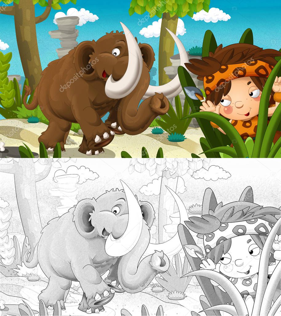 cartoon prehistoric happy and funny scene with tribe man hunting and smiling mammoth walking - with coloring page - illustration for children