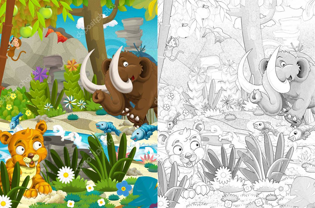 cartoon scene with mammoth in the jungle - illustration for children
