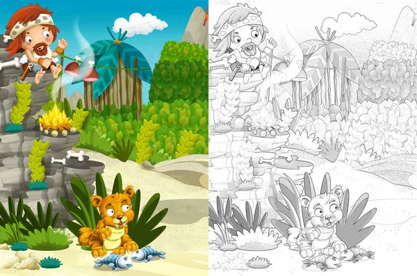 cartoon happy and funny nature scene with nobody on the stage with coloring page - illustration for children