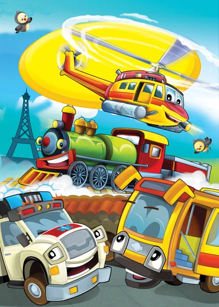 cartoon scene with different vehicles - ambulance school bus locomotive and helicopter - illustration for children