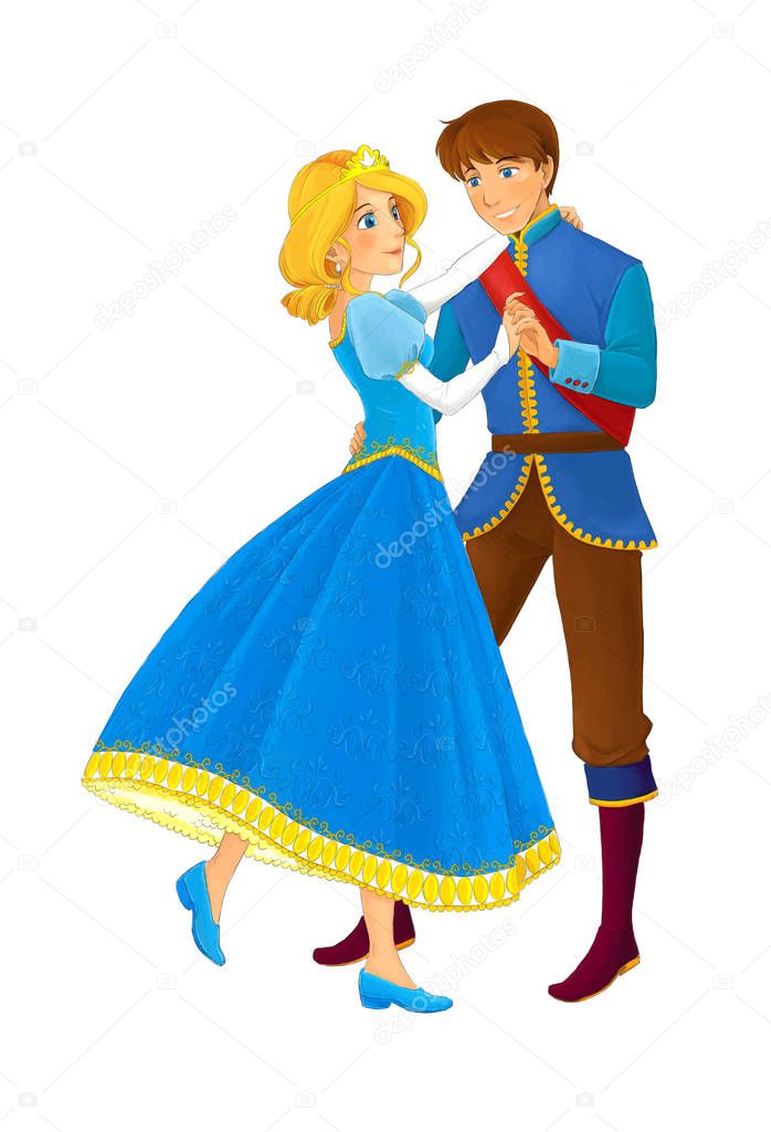 cartoon scene with beautiful princess and prince dancing on white background - illustration for children