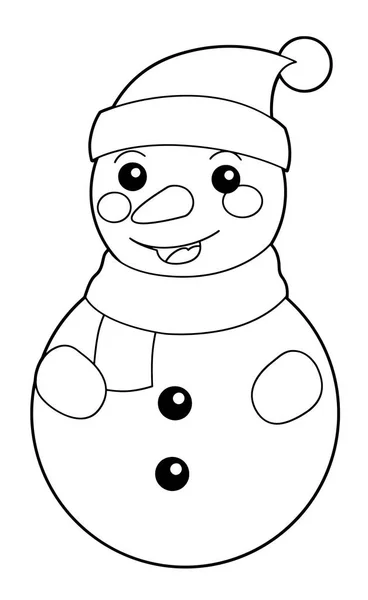 Happy Cartoon Snowman Standing Watching Smiling Isolated Vector Coloring Page — Stock Vector