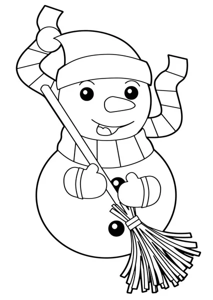 Feliz Muñecos Nieve Dibujos Animados Sonriendo Viendo Página Para Colorear — Vector de stock