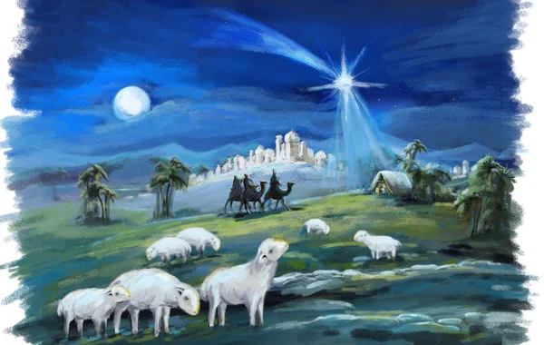 dini illüstrasyon üç kral - ve kutsal aile - geleneksel sahne - çocuklar için illüstrasyon