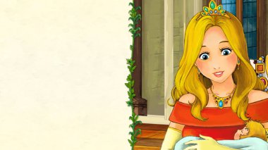 -güzel bir genç kız prenses veya Kraliçe arıyorsunuz - metin için yer ile karikatür masal sahne illüstrasyon çocuklar için