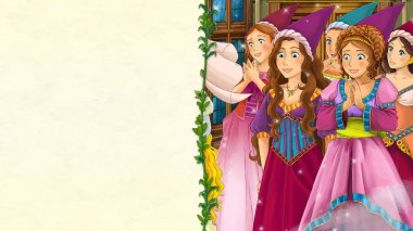 -güzel bir genç kız prenses veya Kraliçe arıyorsunuz - metin için yer ile karikatür masal sahne illüstrasyon çocuklar için