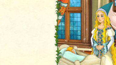 -güzel bir genç kız prenses veya Kraliçe arıyorsunuz - metin için yer ile karikatür masal sahne illüstrasyon çocuklar için