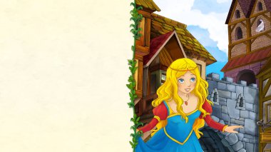 Ortaçağ kasabasında - metin için-çerçeve yer ile güzel prenses ile sahne çocuklar için illüstrasyon karikatür