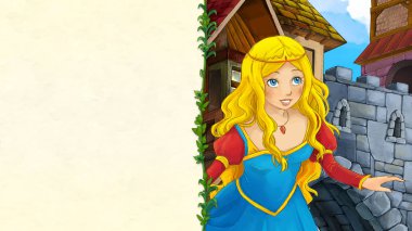 Ortaçağ kasabasında - metin için-çerçeve yer ile güzel prenses ile sahne çocuklar için illüstrasyon karikatür