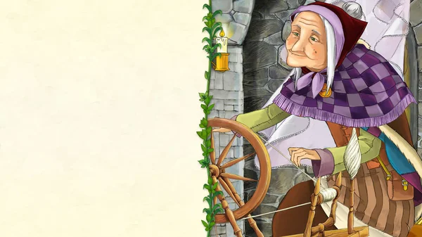 动画片场景与老太太像女巫在城堡房间 框架与文本的空间 例证儿童 — 图库照片