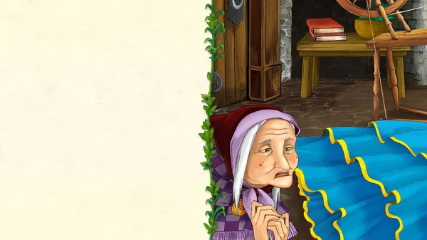 cartoon scene with old woman like witch in the castle room - frame with space for text - illustration for children