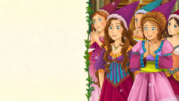 Cartoon Fairy Tale Scene Space Text Beautiful Young Girl Princess — Stock Photo, Image