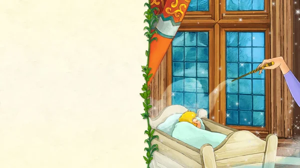 漫画のフレーム領域のテキストを 木製のベビーベッドで寝ている幼児の城ルームのシーンの子供たちのイラスト — ストック写真