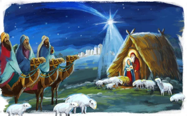 Illustrazione Religiosa Tre Santa Famiglia Scena Tradizionale Illustrazione Bambini — Foto Stock