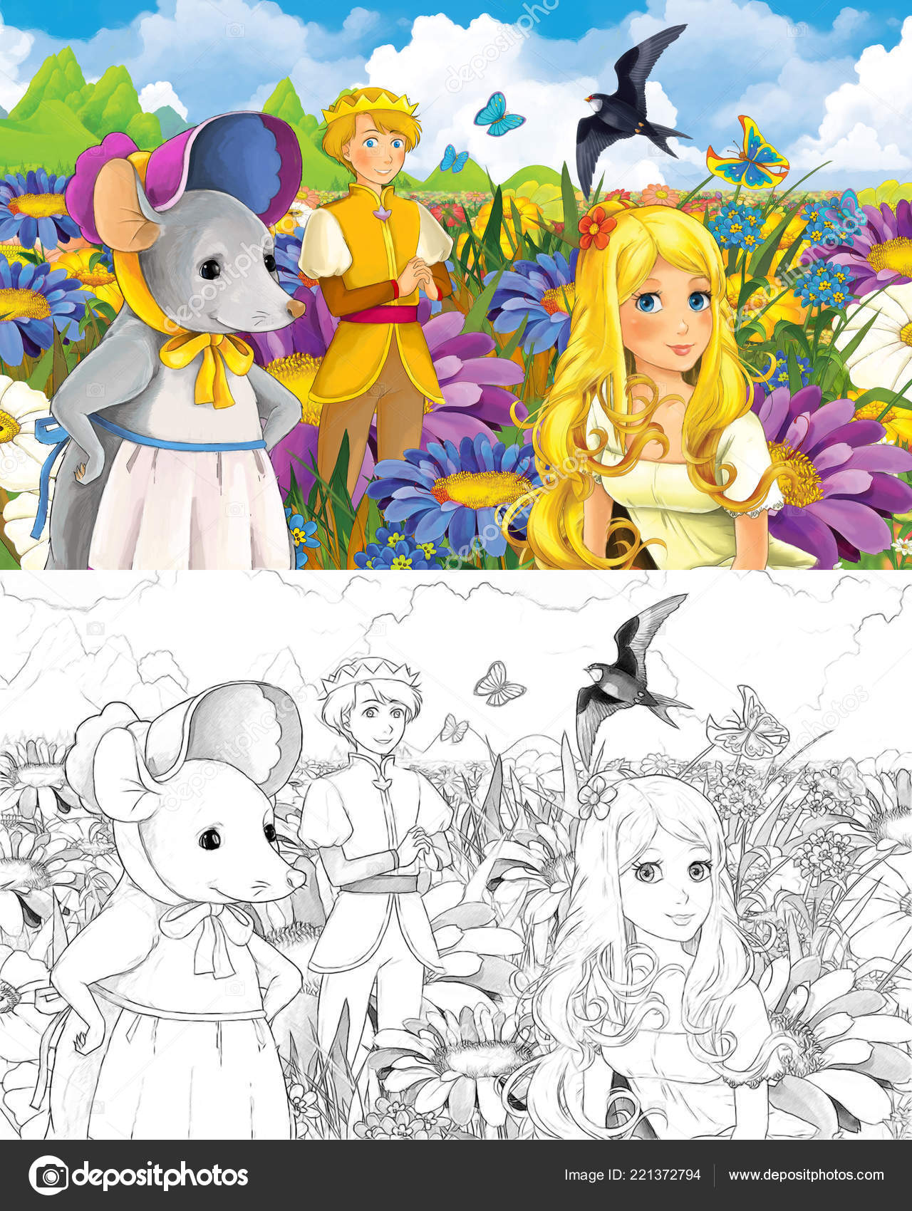 Scwne Dessin Animé Avec Fille Belle Petite Elfe Sur Alpage