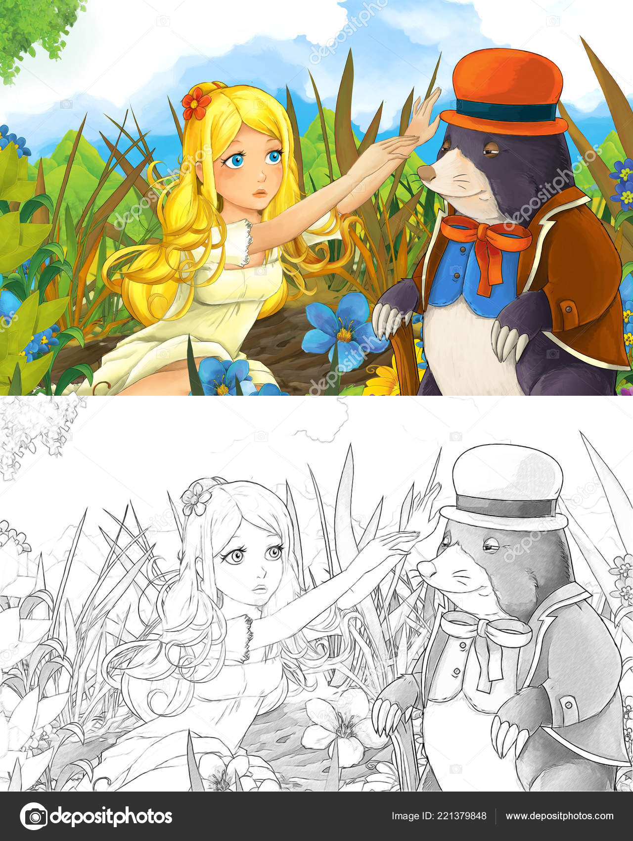 Scène Bande Dessinée Avec Fille Belle Petite Elfe Sur Alpage