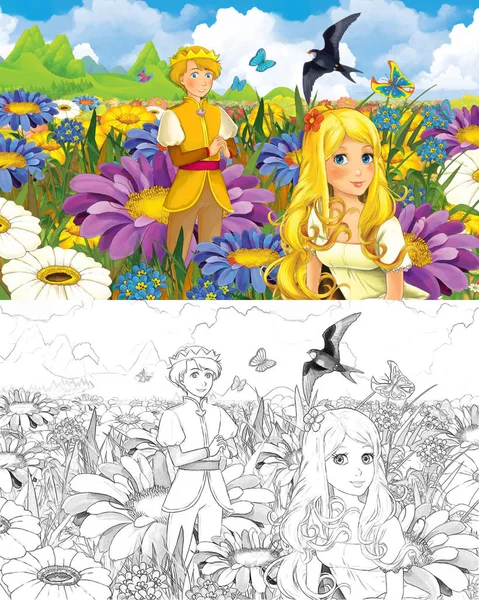 动画片场面与美丽的小精灵女孩在草甸与精灵王子 与着色页 创造性的例证为孩子 — 图库照片