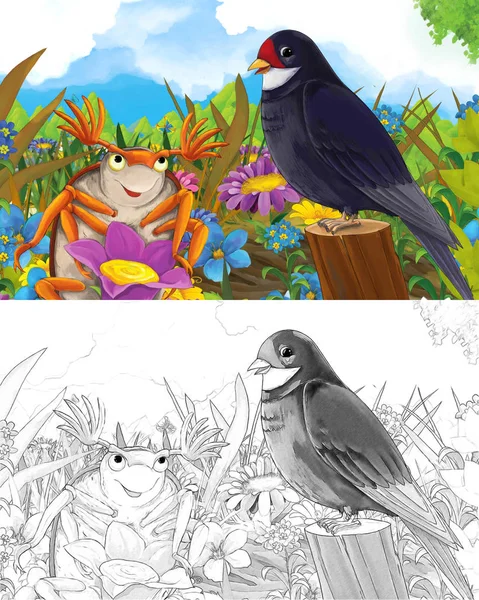 Dessin Animé Scène Conte Fées Avec Différents Animaux Sur Prairie — Photo