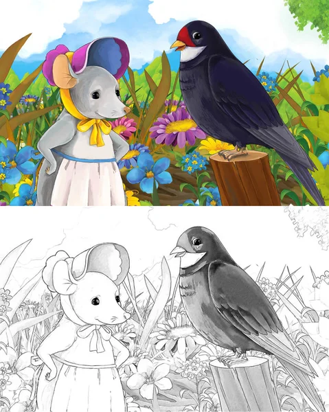 cartoon fairy tale scene with different animals on the meadow smiling talking and looking cuckoo and mouse - with coloring page - illistration for children