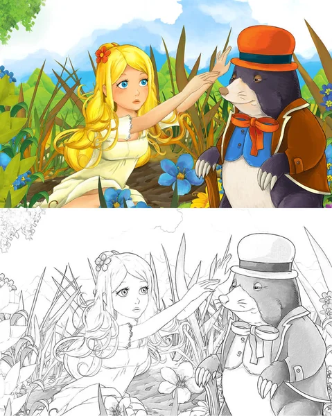 Scène Dessin Animé Avec Belle Petite Elfe Fille Sur Prairie — Photo