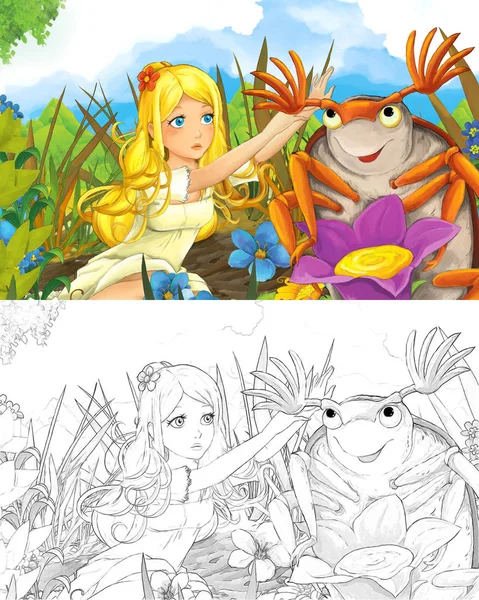Cartoon Scwne Beautiful Tiny Elf Girl Meadow Coloring Page Creative — Stock Photo, Image