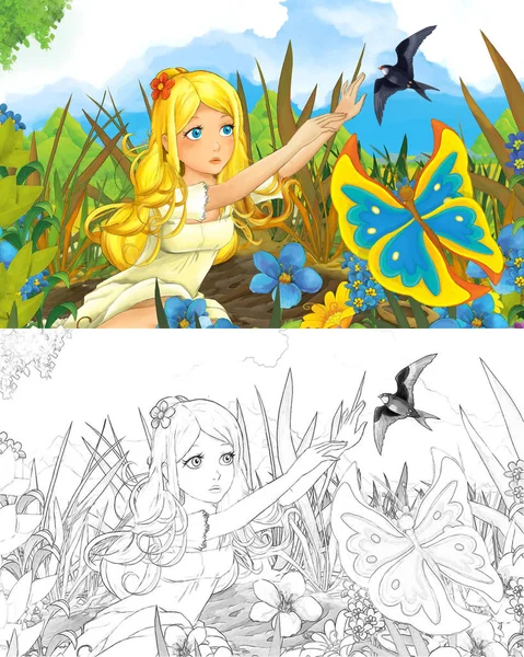 卡通场景与美丽的小精灵女孩在草地上看着飞行蝴蝶和布谷鸟 与着色页 创造性的例证为孩子 — 图库照片
