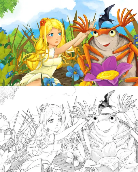 Cartoon Scwne Beautiful Tiny Elf Girl Meadow Coloring Page Creative — Stock Photo, Image