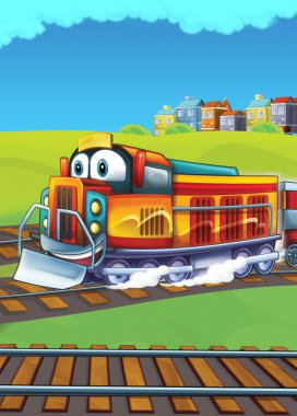 Şehir - illüstrasyon çocuklar için geçmekte komik görünümlü buharlı tren çizgi film