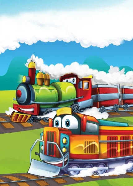 cartoon funny looking steam train going through the city - illustration for children