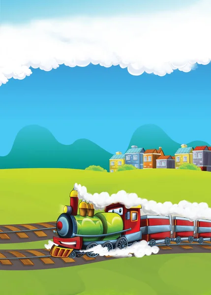 cartoon funny looking steam train going through the city - illustration for children