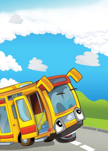 Escena Dibujos Animados Con Autobús Escolar Feliz Carretera Ilustración Para — Foto de Stock