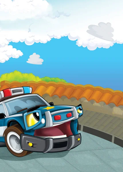 cartoon scene with happy police car on street patrolling - duty - illustration for children