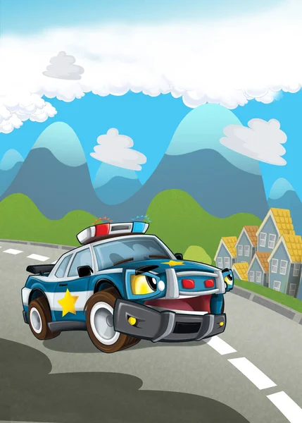 Zeichentrickszene Mit Fröhlichem Polizeiauto Auf Streife Pflicht Illustration Für Kinder — Stockfoto