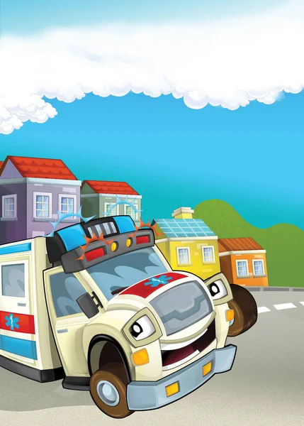 Cartoon City Look Mit Krankenwagen Illustration Für Die Kinder — Stockfoto