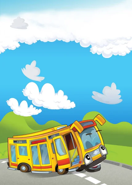 cartoon scene with happy school bus on the road - illustration for children