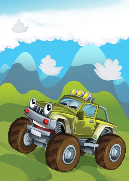 cartoon scene with offroad car in the mountains - illustration for children