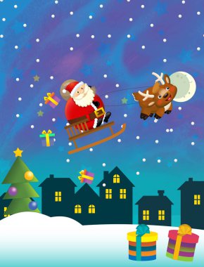 Noel mutlu sahne illüstrasyon çocuklar için Noel Baba teslim reindeers ile uçan sunar - farklı hayvanlarla