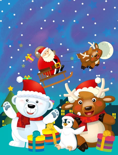 Navidad Escena Feliz Con Diferentes Animales Santa Claus Muñeco Nieve —  Fotos de Stock