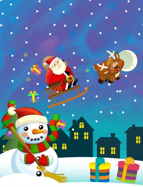 Weihnachtsglückliche Szene Mit Verschiedenen Tieren Weihnachtsmann Und Schneemann Illustration Für — Stockfoto