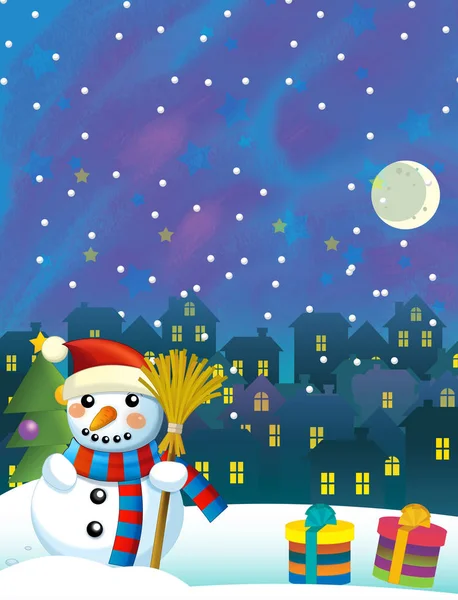 Kreskówka Christmas Szczęśliwa Scena Snowman Ilustracja Dla Dzieci — Zdjęcie stockowe